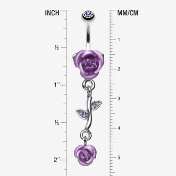 Detail View 1 of Bright Metal Rose Vine Dangle Belly Ring-Tanzanite